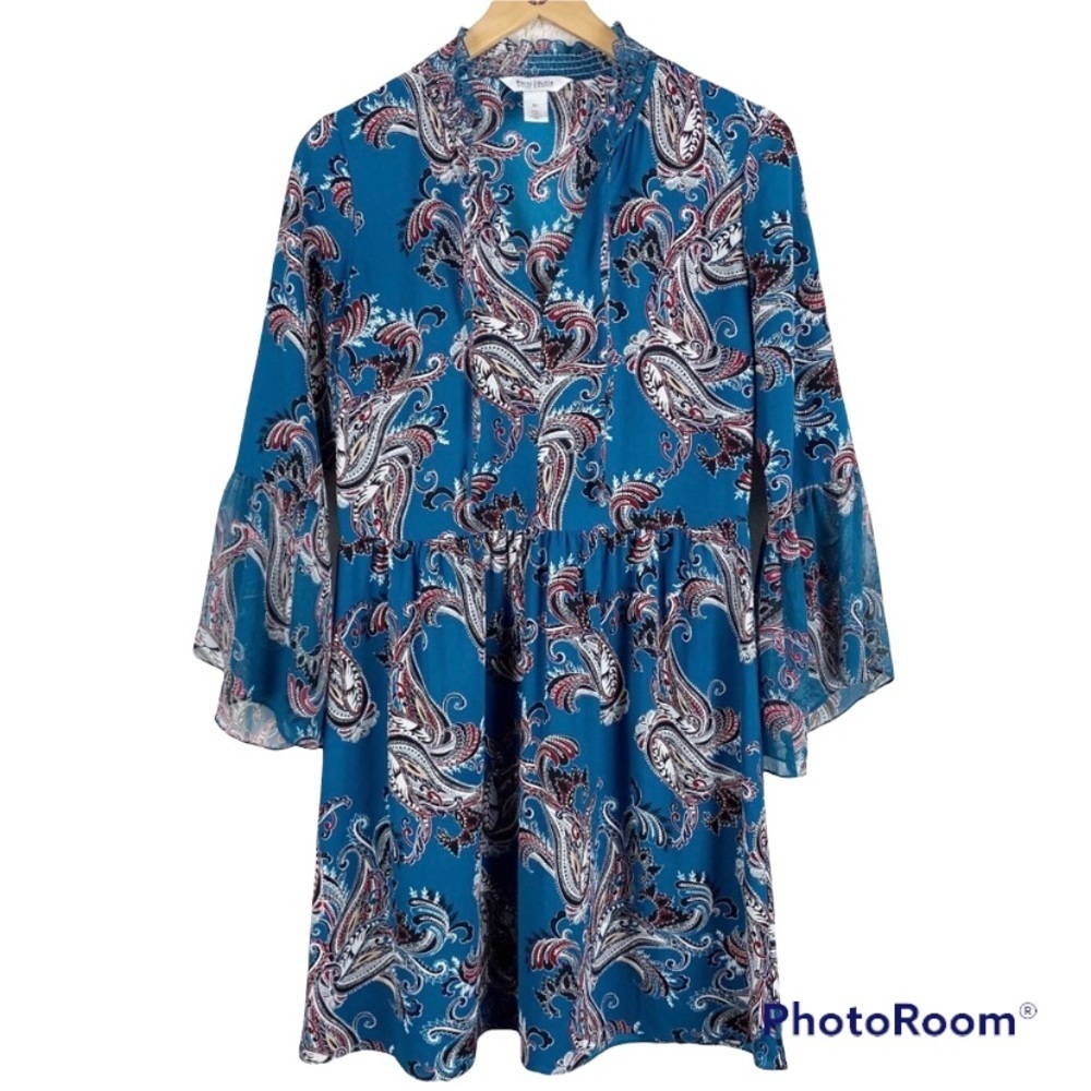 WHITE HOUSE BLACK MARKET Bell sleeve Blue Paisley BOHO Mini Dress Size XS
